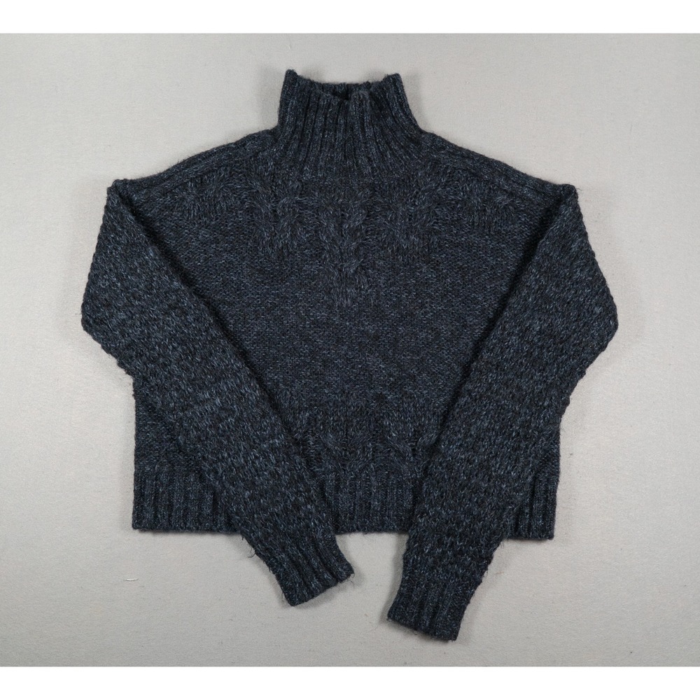 7 For All Mankind Womens Sweater Small Mock Neck Cable Knit Mohair Navy Blue